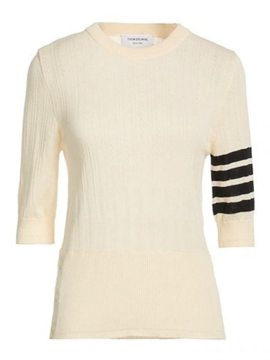 Thom Browne Tops - Thom Browne Cream Short-Sleeve Knit with Black Sleeve Stripes